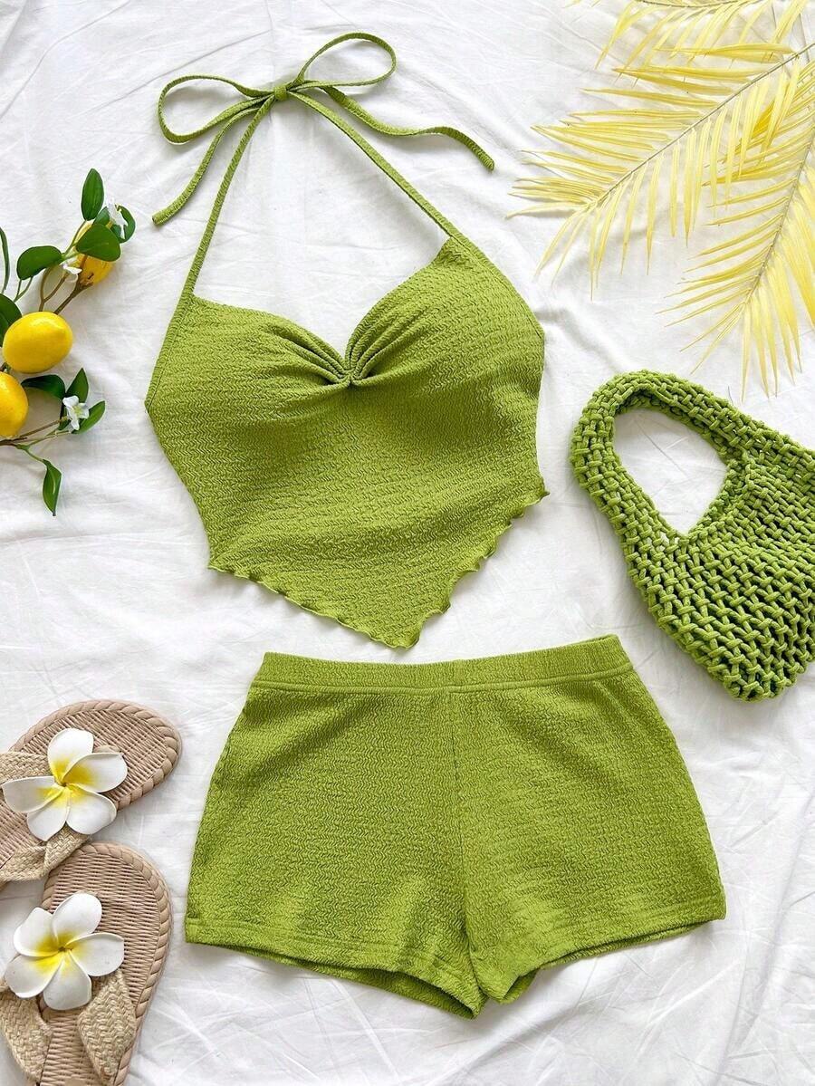 Nuevo conjunto informal de vacaciones de primavera/verano para invitados a bodas en la playa, graduación, brunch, Día de San Patricio, Spring Break, Pascua, festivales de música, elegante, bohemio, tropical, con estampado de rayas azul y blanco, camiseta de tirantes finos y conjunto de 2 piezas - Verde - Ver 1