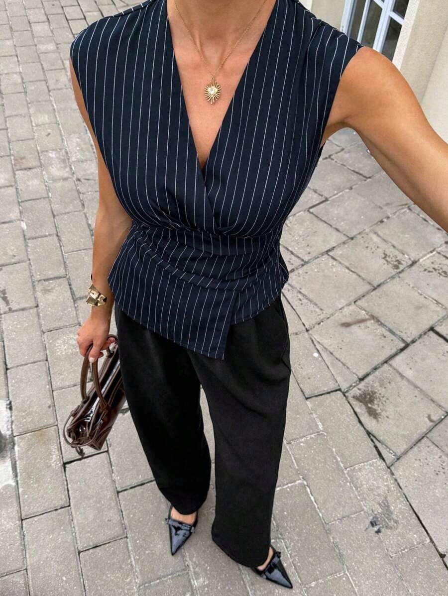 Blusa ajustada sin mangas con cuello en V para el trabajo - Azul marino - Ver 1
