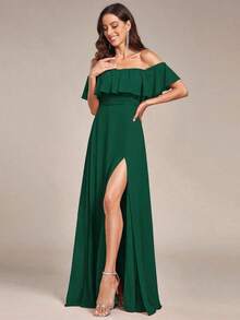 Vestido de dama de honor amarillo con volantes en los hombros, abertura alta y silueta A, adecuado para bodas de primavera/verano, fiestas, playa y vacaciones - Verde Oscuro - Ver 5
