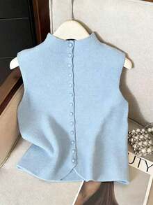 Suéter de mujer de punto con cuello alto, diseño de botones, sin mangas, suelto y casual, color rojo, para primavera/otoño - Celeste - Ver 6