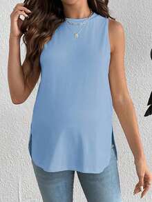 Camiseta sin mangas de maternidad, de unicolor, casual y versátil, para uso diario - Celeste - Ver 5