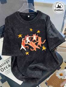 Camiseta retro desgastada para mujer 23G con un divertido diseño de gato naranja bailando con estrellas, camiseta de manga corta de corte holgado para parejas, unisex, fácil de usar y para vacaciones. Camiseta básica informal ligera de verano para damas. - Negro - Ver 7