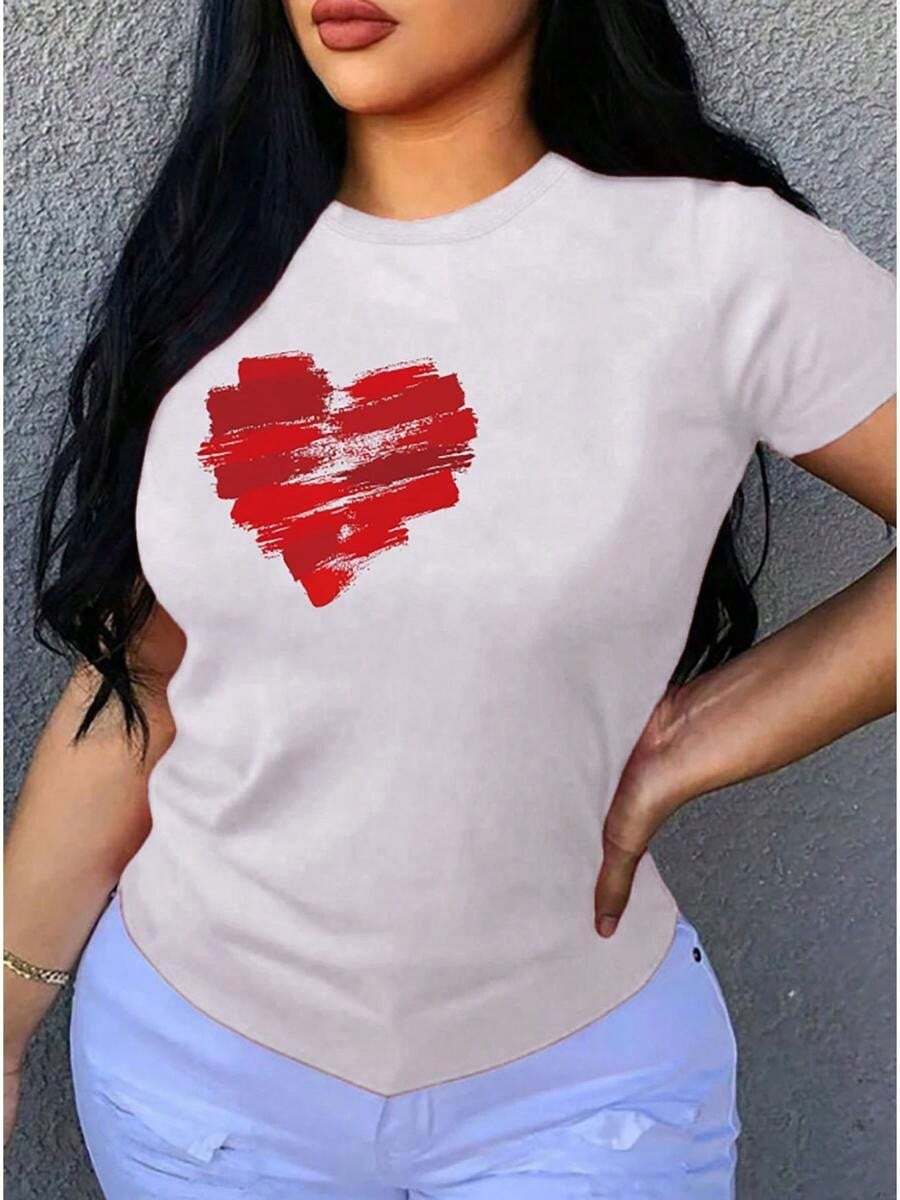 1 pieza de playera corta 100% algodón, cuello redondo casual con estampado, corazón rojo, manga corta transpirable para uso diario - Blanco - Ver 1