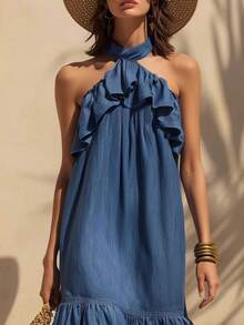 Bohemio  Casual  Dulce    Volante    Playa  Vacación - Azul - Ver 4