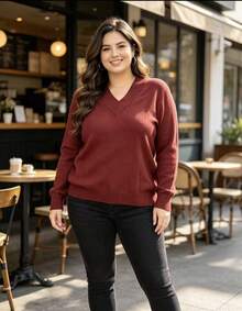 Steve Store Women's Fashion Knitwear Plus Size Basic Sweater V-Neck Long Sleeve Winter Fashion - cobre escuro - 查看 3