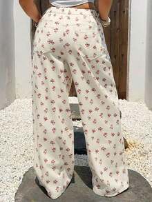 Plus Jeans de pierna recta con estampado floral para mujer de talla grande, de verano - Blanco - Ver 2