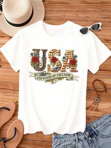 Camiseta de Cuello Redondo para Mujer, Diseño Floral con el Lema "250 Años de Libertad" de EE. UU., Manga Corta, Ropa Casual Patriótica para Celebración del Día de la Independencia, Ropa Fresca de Verano para Mujer - Blanco - Ver 2