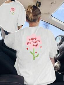 Camiseta estampada de manga corta, saludos para el Día de la Madre, top casual de mujer con estampado floral rosa, camisa casual de manga corta con cuello redondo, adecuada para verano y primavera, ropa de mujer 100% algodón. - Blanco - Ver 1