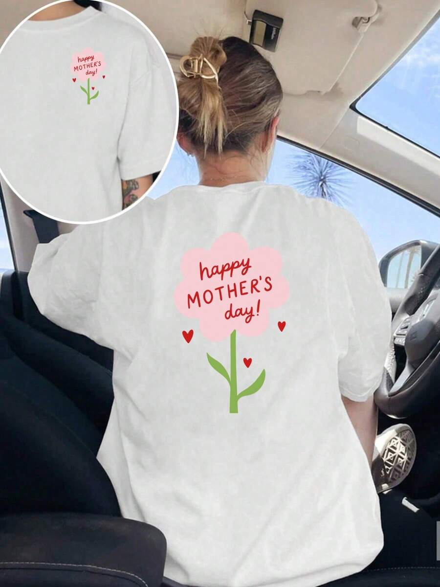 Camiseta estampada de manga corta, saludos para el Día de la Madre, top casual de mujer con estampado floral rosa, camisa casual de manga corta con cuello redondo, adecuada para verano y primavera, ropa de mujer 100% algodón. - Blanco - Ver 1