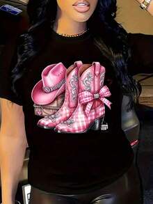 100% Pure Cotton, Women's T-Shirt With Fun Western Dance Print, Plus Size Women's T-Shirt, Breathable Short Sleeve Top With Round Neck, Cowboy Boots And Hat Design, Suitable For All Seasons, Ideal Gift For The Holidays. - 黑色 - 查看 6