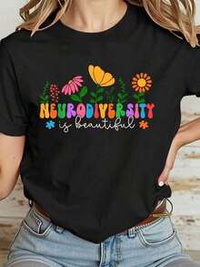 Camiseta Casual 100% Algodón para Mujer con Estampado de Flores 'La Neurodiversidad es Hermosa' para Concientización sobre Autismo SPED AAC - Negro - Ver 7