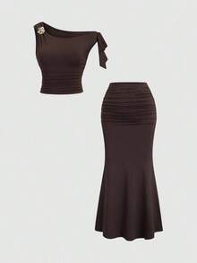 Conjunto de 2 piezas de top sin mangas con decoración de flor metálica de color café y falda de cola de pez para mujer, para otoño/invierno - Café integral - Ver 1