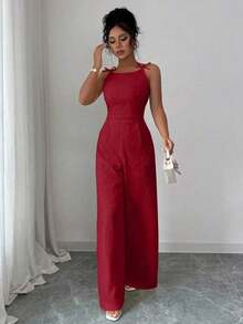 Mono elegante de mujer con decoración de lazo en el hombro, tela de jacquard, cintura ceñida, pierna ancha, adecuado para el uso diario - Rojo - Ver 7