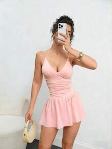 Women's Solid Color Knit Dress With Built-In Shorts, Casual Mini Dress, Sexy Resort Street Travel Pink Vacation Summer Elegant - 櫻桃紅 - 查看 5