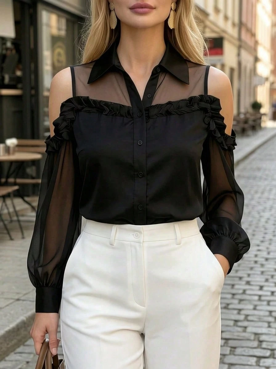 Elegaris 女款緞面長袖鈕扣襯衫,無彈力標準版型,適合春夏秋季,黑色休閒風 - 黑色 - 查看 1