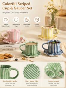 DearDali 2 قطعة (1 كوب + 1 صحن) طقم أكواب شاي سيراميك مصنوعة يدويًا غير متماثلة بسعة 300 مل مع تصميم خطوط عمودية ناعمة، حافة متموجة، مقاومة للحرارة، آمنة للميكروويف وغسالة الأطباق، ديكور مثالي لطاولة الإفطار، مناسبة لشاي بعد الظهر في المنزل وهدية للفتيات - متعدد الألوان - مشاهدة 9