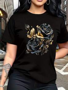 [Camiseta Vintage Rose] Una camiseta elegante y transpirable con un lujoso diseño vintage y un estampado de rosas negras y doradas - Perfecta para viajes en familia, eventos universitarios, uso casual, desplazamientos diarios, conjuntos a juego para hermanas y uso versátil. - Negro - Ver 8