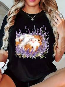 Women's T-shirt Camiseta de Mujer con Estampado de Conejillo de Indias, Manga Corta, Cuello Redondo, Ligera, Mezcla de Poliéster, Esencial para Primavera y Verano - Negro - Ver 7