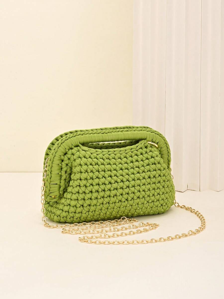 Cute Cloud Light Blue Chunky Knit Women's Handbag - Handmade Woven Gold Chain Handbag, Soft Cloud Texture Tote Bag, Daily, Beach, Travel, Brunch, Bohemian Style Women's Shoulder Bag - Green - View 1