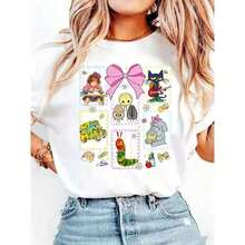 1 pcsCoquette Bow Teacher Back To School Shirt, Kindergarten Teacher Shirt, Preschool Teacher Shirt, Children's Books Shirt, Book Lover Gifts JVKF   Women's Printed Round Neck Short Sleeve Tee |   Soft Stretch, Casual & Gym, Game Day & Valentine's Day Essential In Party  Tops180g Algodón 100% - Negro - Ver 6