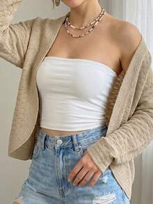 Elegaris Women's Textured Knit Long Sleeve Cardigan, With Open Collar, Regular Length, Slightly Stretchy Fabric, Perfect For Spring And Autumn Wear. - Apricot - View 6