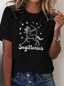 Camiseta cómoda de algodón puro para mujer con diseño de las constelaciones de Sagitario y Pegaso, blusas para mujer - Negro - Ver 7