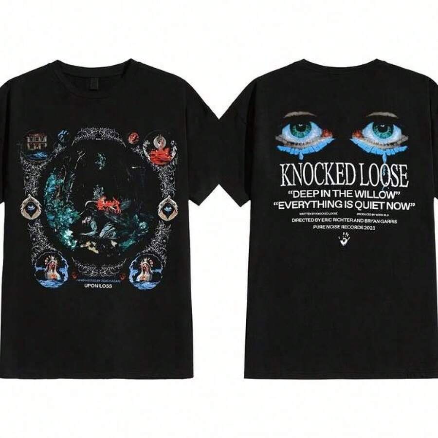 Camiseta con estampado gráfico del álbum "Metal Core Hard Core Knocked Loose", para hombre y mujer, cuello redondo, de algodón. - Negro - Ver 1