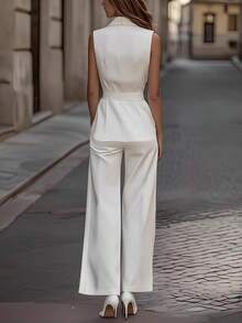 Conjunto de Traje Blazer Liso Primavera Verano para Mujer, Top Sin Mangas con Cinturón y Pantalones de Traje de Cintura Alta - Blanco - Ver 2