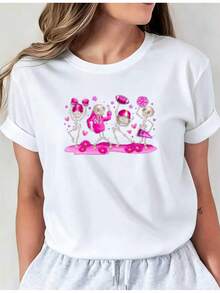 Camiseta de Mujer Título: Happy Skeleton Ball i01 Top Casual de Cuello Redondo Ropa Cómoda para Mujer - Blanco - Ver 1