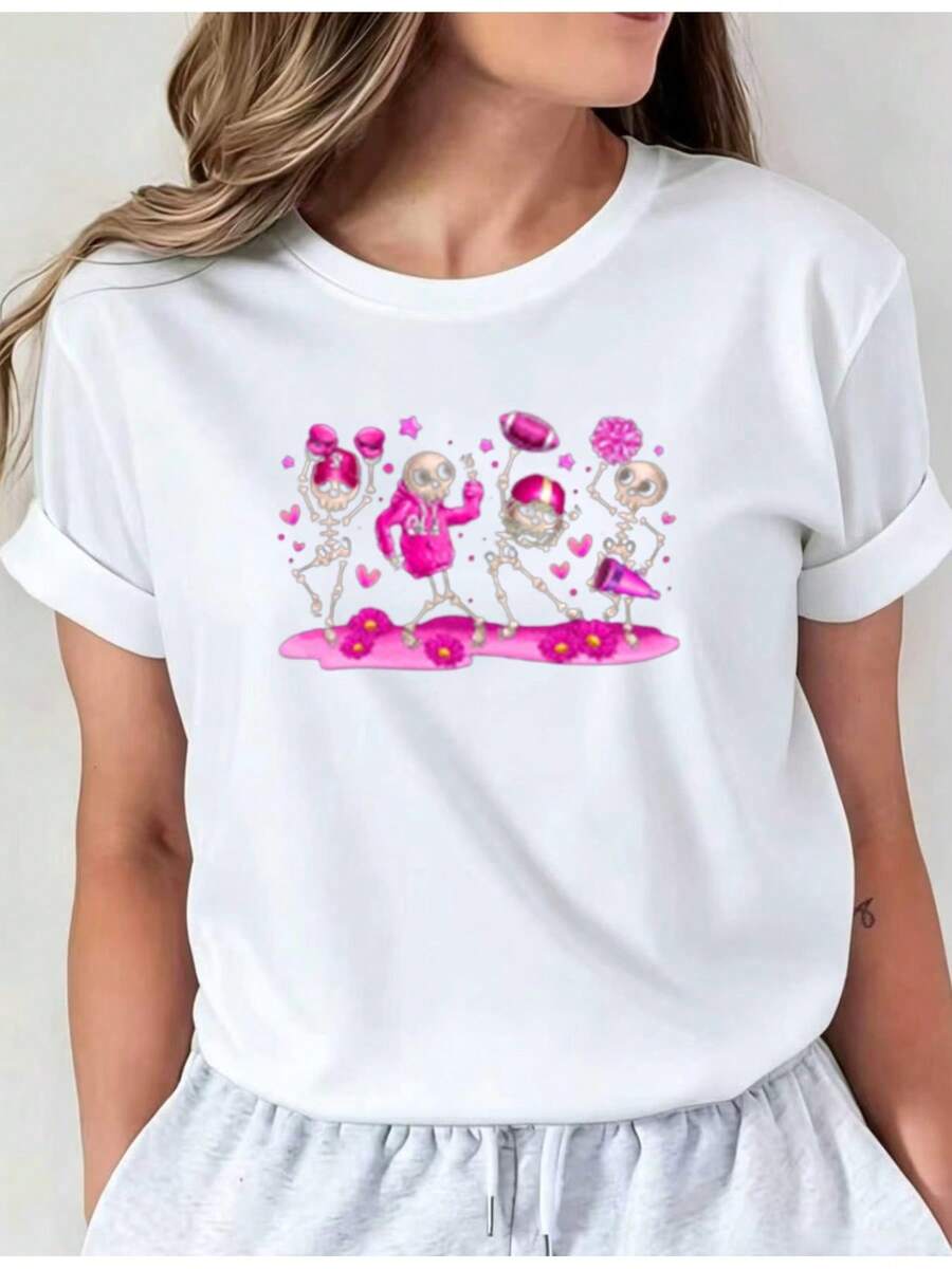 Camiseta de Mujer Título: Happy Skeleton Ball i01 Top Casual de Cuello Redondo Ropa Cómoda para Mujer - Blanco - Ver 1