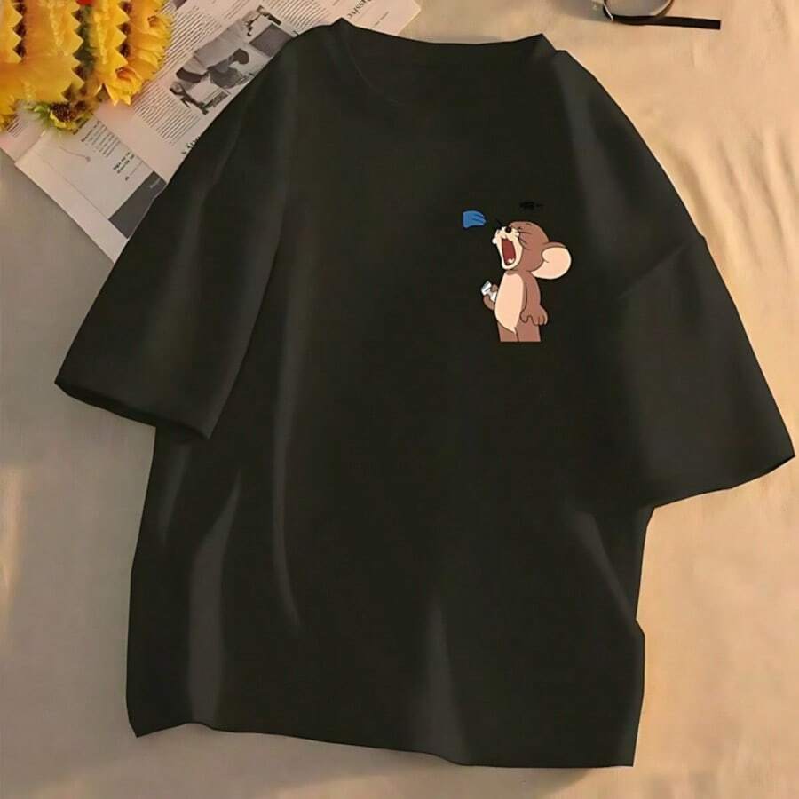 Camiseta unisex de manga corta con estampado de ratón personalizado, estilo nuevo de verano. - Negro - Ver 1