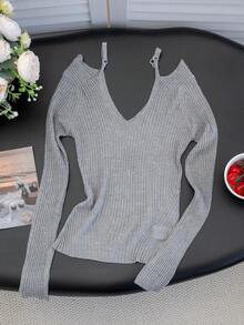 Áo khoác cardigan dệt kim thanh lịch, ngọt ngào mùa Xuân/Hè 2026, áo len dài tay cổ chữ V trễ vai dành cho nữ, kiểu dáng Y2K rộng rãi, tôn dáng, chất liệu nhẹ, đa năng, phù hợp cho đi làm và hẹn hò. - Xám - Xem 8