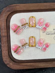 10 piezas Conjunto de uñas postizas cuadradas Y2K - Hechas a mano, uñas rosas, uñas doradas, uñas con puntas francesas blancas y doradas, flores rosas 3D hechas a mano y diseño de anillo dorado 3D, arte de uñas con joyería 3D, diseño de lunares negros y dorados dibujados a mano, uñas degradadas rosas dibujadas a mano - Multicolor - Ver 11