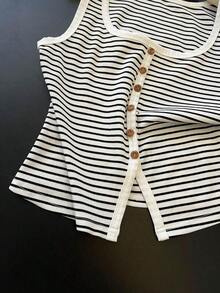 Chaqueta de Punto de Verano Casual y de Vacaciones con Estampado de Rayas y Decoración de Botones, Camiseta de Tirantes para Mujer - Blanco - Ver 5