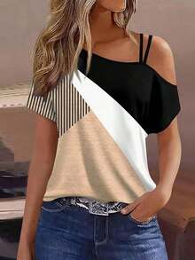 Camiseta de mujer de estilo europeo y americano, elegante y casual, con estampado floral de rayas de colores, de manga corta.Diseño sexy de tirantes con estampado todo sobre, adecuada para todas las estaciones. - Blanco 4 - Ver 5