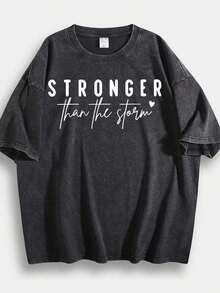 230g Washed Cotton Top With Print, American Minimalist Retro Style, T-Shirt With Inspirational Slogan Print In English, Washed Black, With Worn Finish, Which Disguises The Figure And Stylizes, Short Sleeve For Women. - 黑色 - 查看 6
