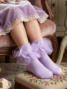 1 đôi tất bé gái có viền ren hoa xếp nếp, tất công chúa cho bé. - Màu tím hoa cà - Xem 3