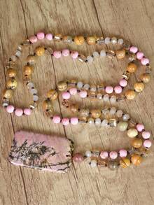 Boho Rhodonite Necklace Square Pendant Handmade Knotted Picture Stone & Rhodonite Long Necklace Vintage Luxury Geometric Pendant Chain - Multicolor - View 5