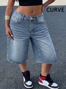 Plus Size Bermuda Shorts With Light Wash, Straight Leg Design With Pockets And Zipper, Stylish Look Casual Summer - Light Wash - View 3
