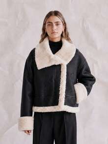 OUTTA BOX Short Faux Fur Collar Motorcycle Jacket, Winter - Black - View 1