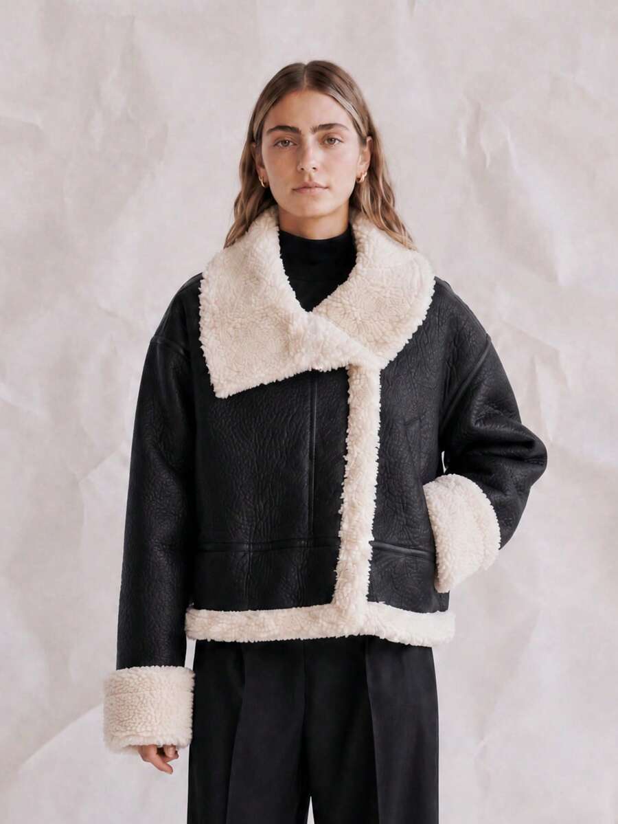 OUTTA BOX Short Faux Fur Collar Motorcycle Jacket, Winter - Black - View 1