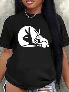 Camiseta de manga corta de poliéster con diseño de conejo y símbolo de la paz, ligera y duradera, adecuada para el hogar, restaurantes o uso casual al aire libre. - Negro - Ver 1