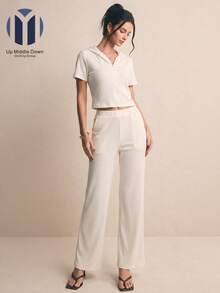Conjunto Casual de Dos Piezas para Mujer: Top con Cierre y Pantalón de Pierna Ancha - Ideal para Primavera/Verano - Beis - Ver 4