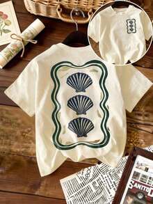 Camiseta de Moda Casual para Mujer, Cuello Redondo, Manga Corta, Estampado de Conchas, Diseño con Patrón de Conchas, Adecuada para Vacaciones de Verano, Corte Ajustado, Top de Verano 100% Algodón - Albaricoque - Ver 1