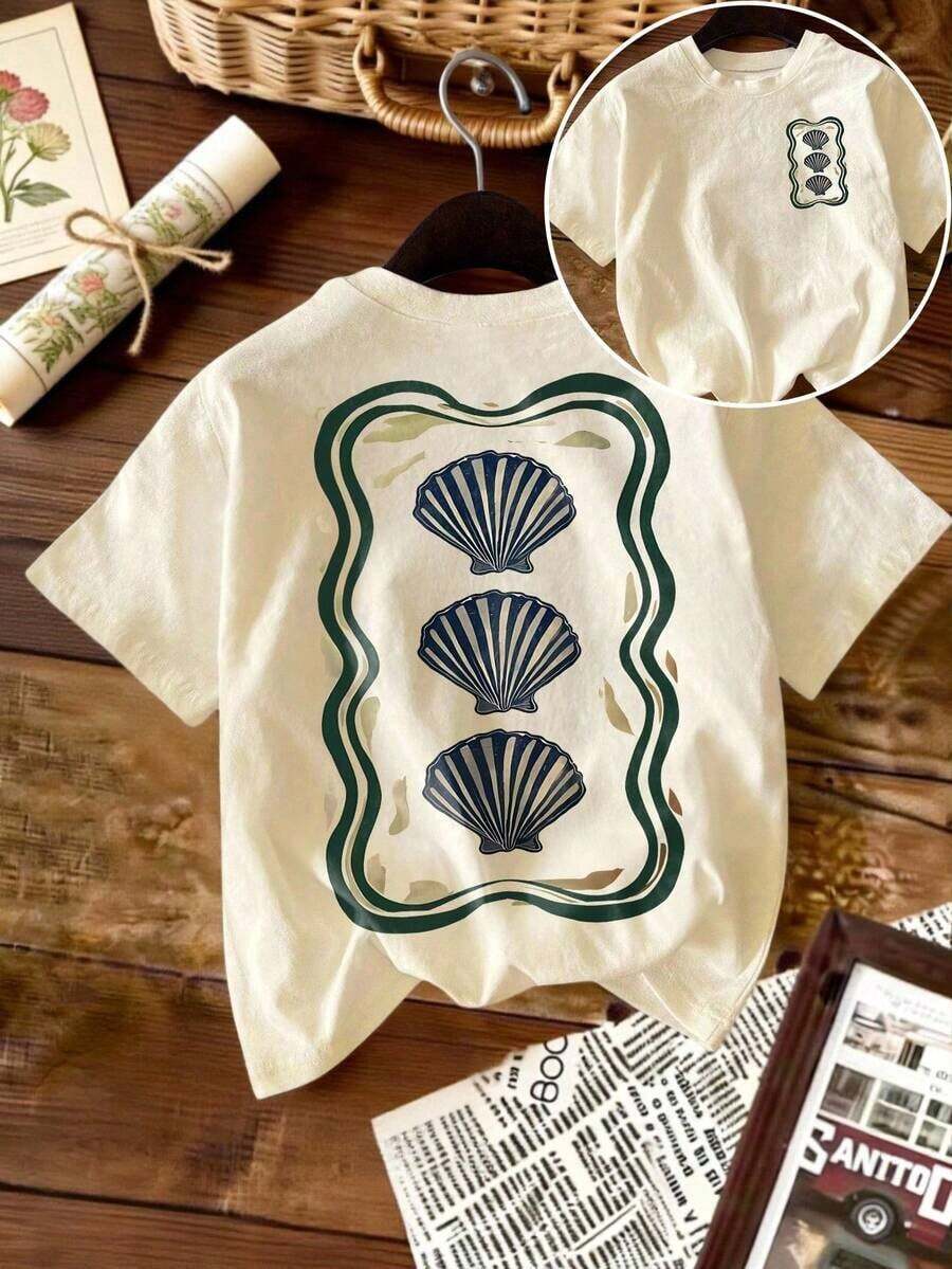 Camiseta de Moda Casual para Mujer, Cuello Redondo, Manga Corta, Estampado de Conchas, Diseño con Patrón de Conchas, Adecuada para Vacaciones de Verano, Corte Ajustado, Top de Verano 100% Algodón - Albaricoque - Ver 1