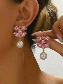 1 par de pendientes elegantes con cristal y perla falsa de diseño en forma de doble C, adecuados para uso diario, citas y reuniones, con un diseño gracioso y versátil - pendientes de perlas - Ver 13