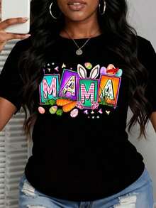 Camiseta de Mujer con Estampado de Conejo de Pascua, Zanahorias, Huevos y Huellas de Patas con Letras Coloridas - Estilo Urbano Vintage Unisex, Camiseta de Manga Corta de Algodón Suelto con Cuello Redondo, 100% Algodón - Negro - Ver 3
