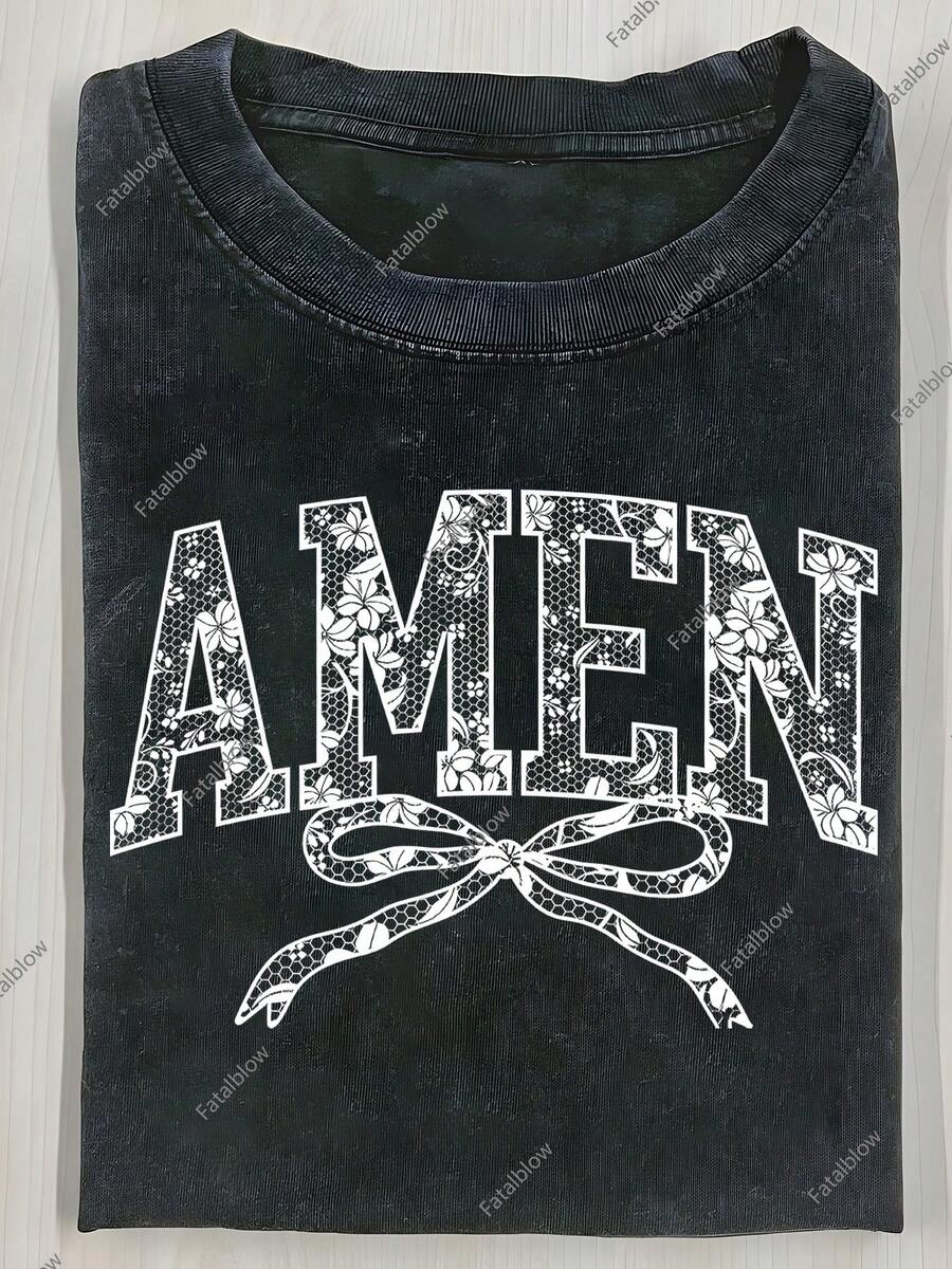 Camiseta de Algodón Lavado para Hombre y Mujer, Camiseta Negra Estampada con Encaje AMEN, Camiseta de Algodón Batik de Alta Calidad, Marca de Moda Vintage, Camiseta para Mujer, Camiseta de Otoño para Mujer, Regalo de Halloween y Navidad, Regalo para las Fiestas - Negro - Ver 1