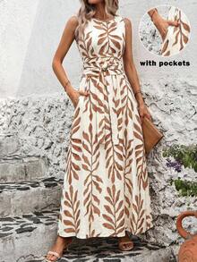 Vestido de verano sin mangas con cuello redondo, cintura ajustada y estampado todo sobre todo, para uso casual y vacaciones - Multicolor - Ver 8