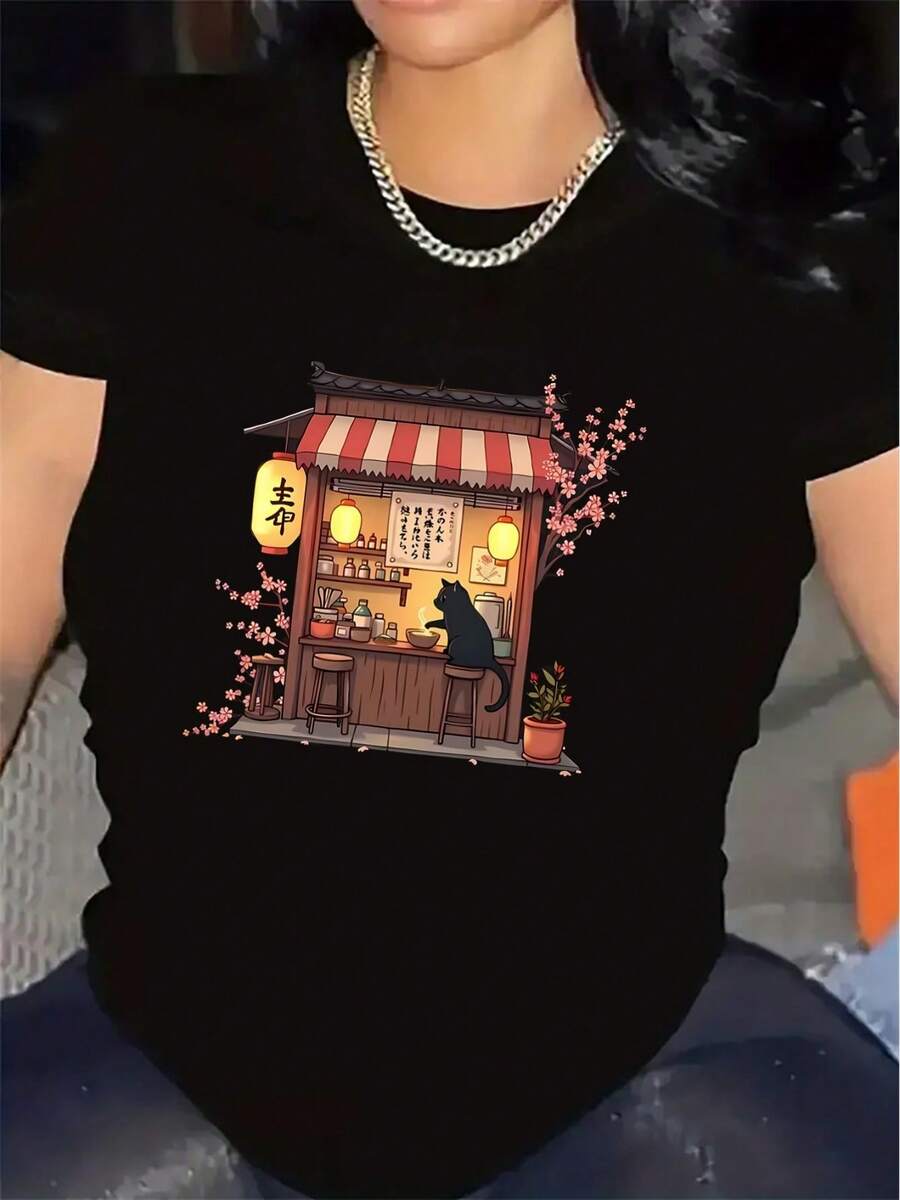 Women's Short-Sleeved T-Shirt With A Japanese Tea Room Cat Design, Made Of Lightweight Polyester Fabric, Suitable For Casual Wear At Home Or In A Cafe, Comfortable And Durable, An Ideal Choice For Everyday Wear In All Seasons. - 黑色 - 查看 1